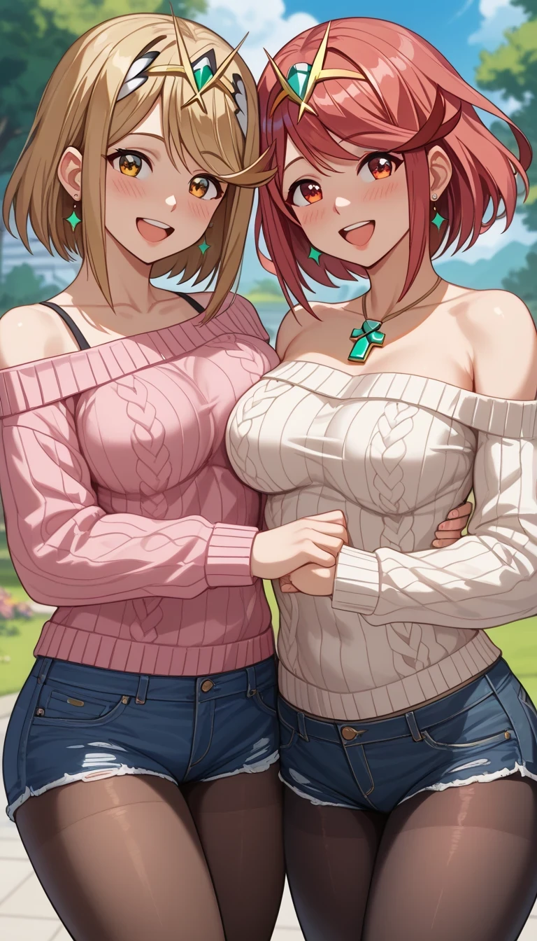 score_9, score_8_up, score_7_up, source_anime、top quality、8k、 masterpiece、ultra high definition、 natural light、perfect anatomy、 perfect eye、beautiful eyes、((((two women))))、medium breasts、saggy breasts:1.2、Pyra , mythra, (off-shoulder knitted sweater、denim shorts、pantyhose)、(((is embarrassing:1.2、happy)))、(spring park)、 stand and pose