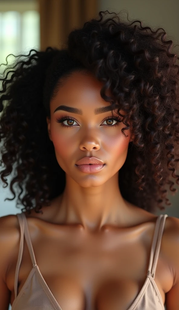 there is a black woman , the woman has curly black curly, she has brown skin, with dark brownish skin, with long curly, long black wet bouncy curls she is taking a long shot selfie cuddled u on her sofa