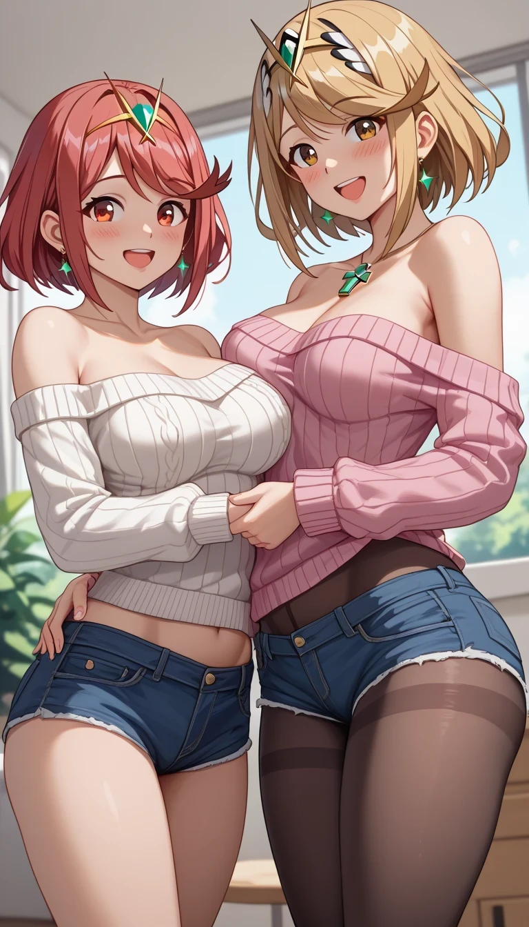 score_9, score_8_up, score_7_up, source_anime、top quality、8k、 masterpiece、ultra high definition、 natural light、perfect anatomy、 perfect eye、beautiful eyes、((((two women))))、medium breasts、saggy breasts:1.2、Pyra , mythra, (off-shoulder knitted sweater、denim shorts、pantyhose)、(((is embarrassing:1.2、happy)))、(spring park)、 stand and pose