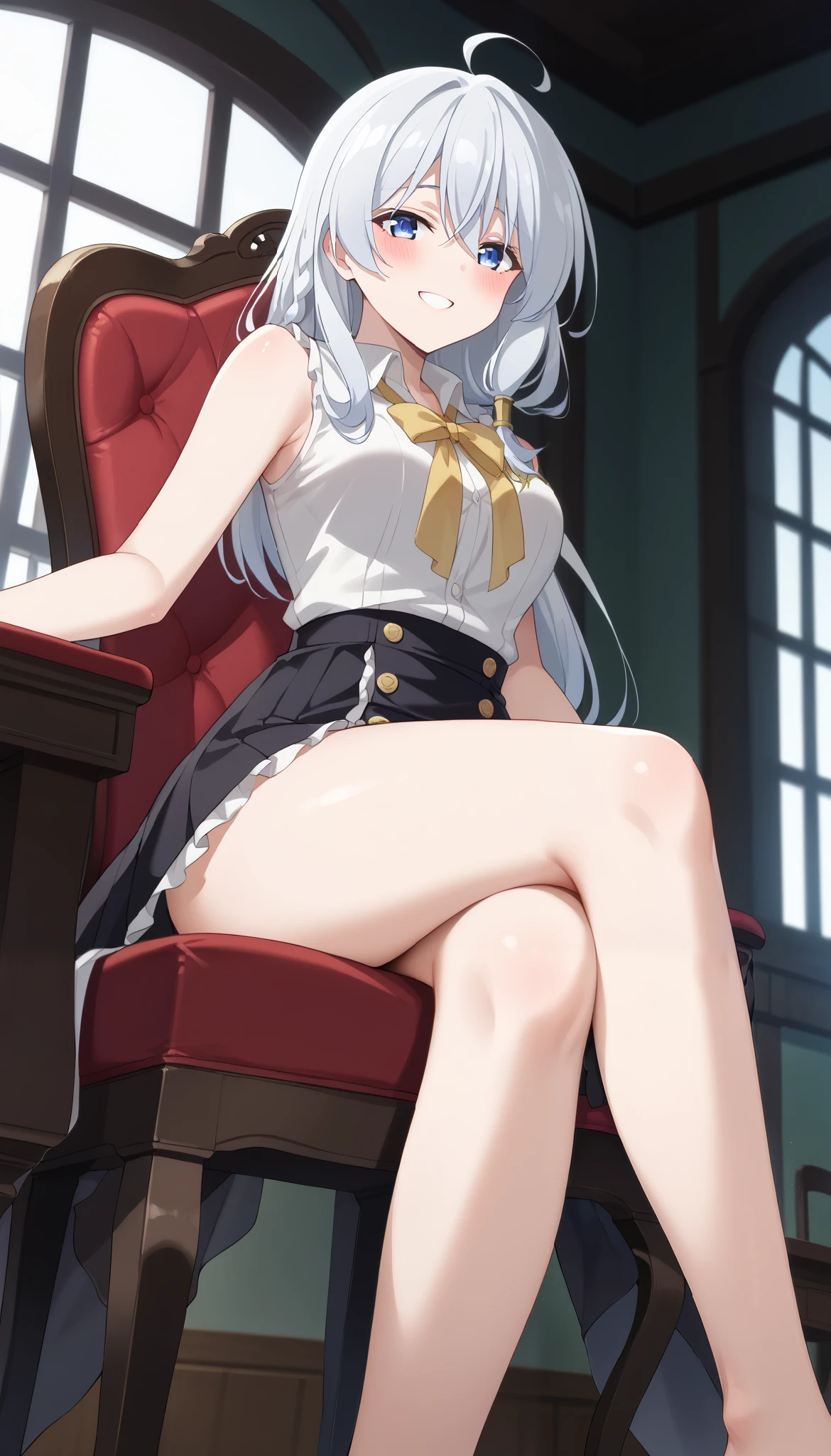 Elaina (Majo no Tabitabi)、white sleeveless shirt、BLACK SKIRT,chair in a half-sleeping position、(((leg crossed)))、Slim and beautiful thighs、smile、 Silver Hair、1 person、room、((low angle))、(sex)、Ulchan-6500-v1.1, ( RAW photos :1.2), beautiful detailed, very detailedな目 美しい目, beautiful eyes、Blue eyes、large file size, high definition, very detailed, top quality, [masterpiece:1.6], Awareness-raising, very detailed, finely, top quality, 8K wallpaper, perfect figure、very detailed、blushes