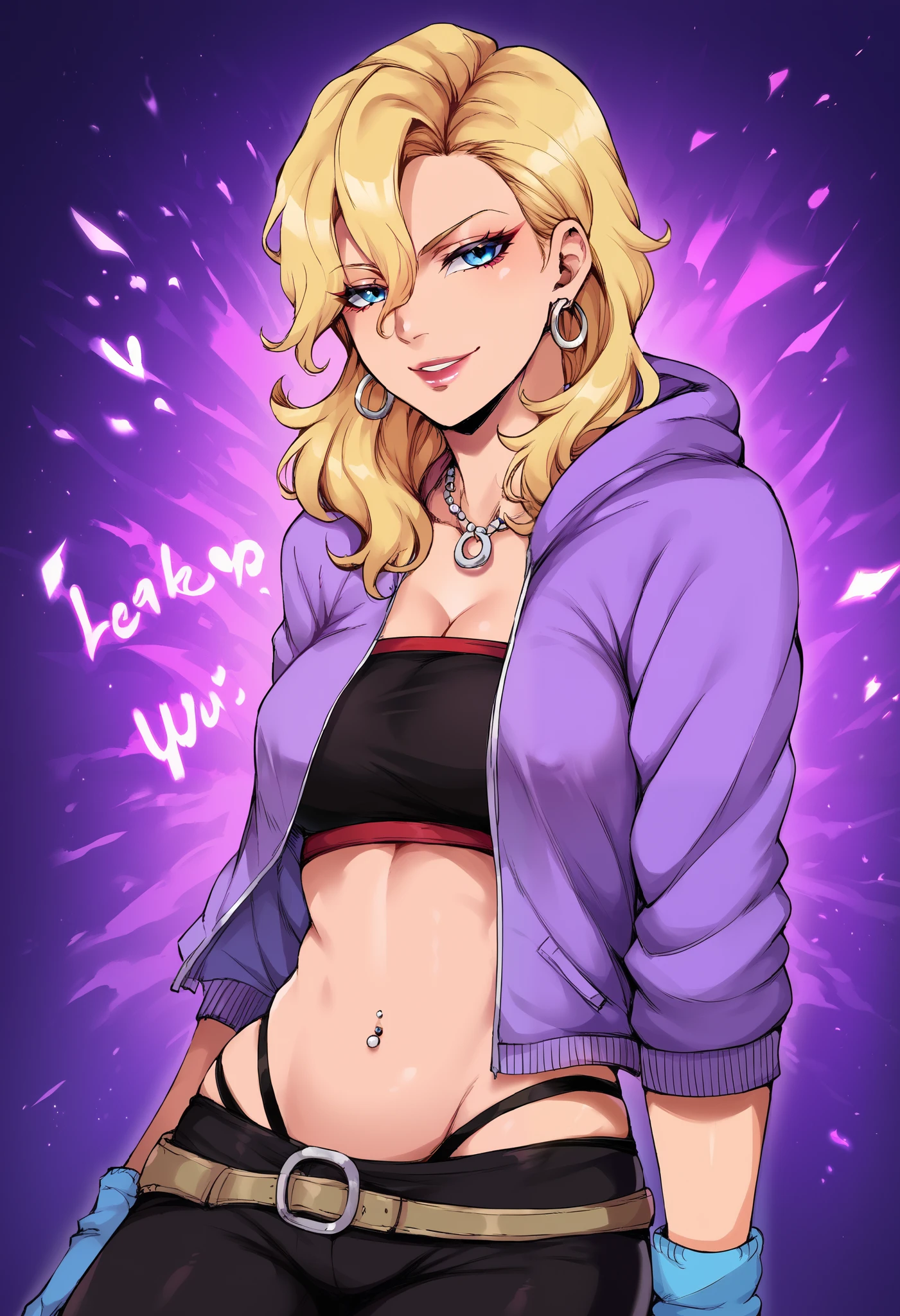 YodoBTBV, 1girl, solo, fair-skinned girl, blonde hair, long hair, hair between eyes, dark blue eyes, lips, pink lipstick, hoop earrings, necklace, crest pendant, large breast, pink crop top, jacket, hood, hoodie, black bandeau, black pants, belt, navel, midriff, groin, black gloves, bare stomach, visible thong straps, pink knee-length leg warmers, sandals, toeless footwear,
seductive pose, sexy pose, tease, in the spotlight,,
smile,
score_9, score_8_up, score_7_up, beautiful aesthetic, very intricate, high quality details,vibrant, highly detailed, award-winning, professional,anime artwork, anime style, studio anime, athletic, curvy body, athletic girl, perky ,large breast,perfect , round breasts, nipple outline,looking at viewer, pinup pose,teasing, dynamic lighting, cinematic, smug, better than you, aura of temptation, highly detailed, high resolution, masterpiece, detailed clothes, detailed background, highly detailed, ((sound effects)) comic layout, , evil expression, exposed belly, exposed navel, exposed midriff, exposed lower belly, bellybutton , cleavage, navel piercing, ,dragon tattoo, narrowed eyes, tattoo midriff,