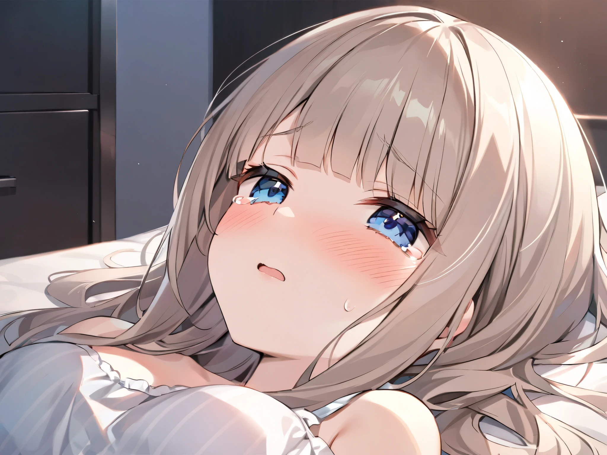 Nightwear、Lying in bed、dark room、blunt bangs、chest length hair、whitish ash brown colored hair at the office、blue dark eyes 、looking at me、Princess Cut、blushes、holding back tears