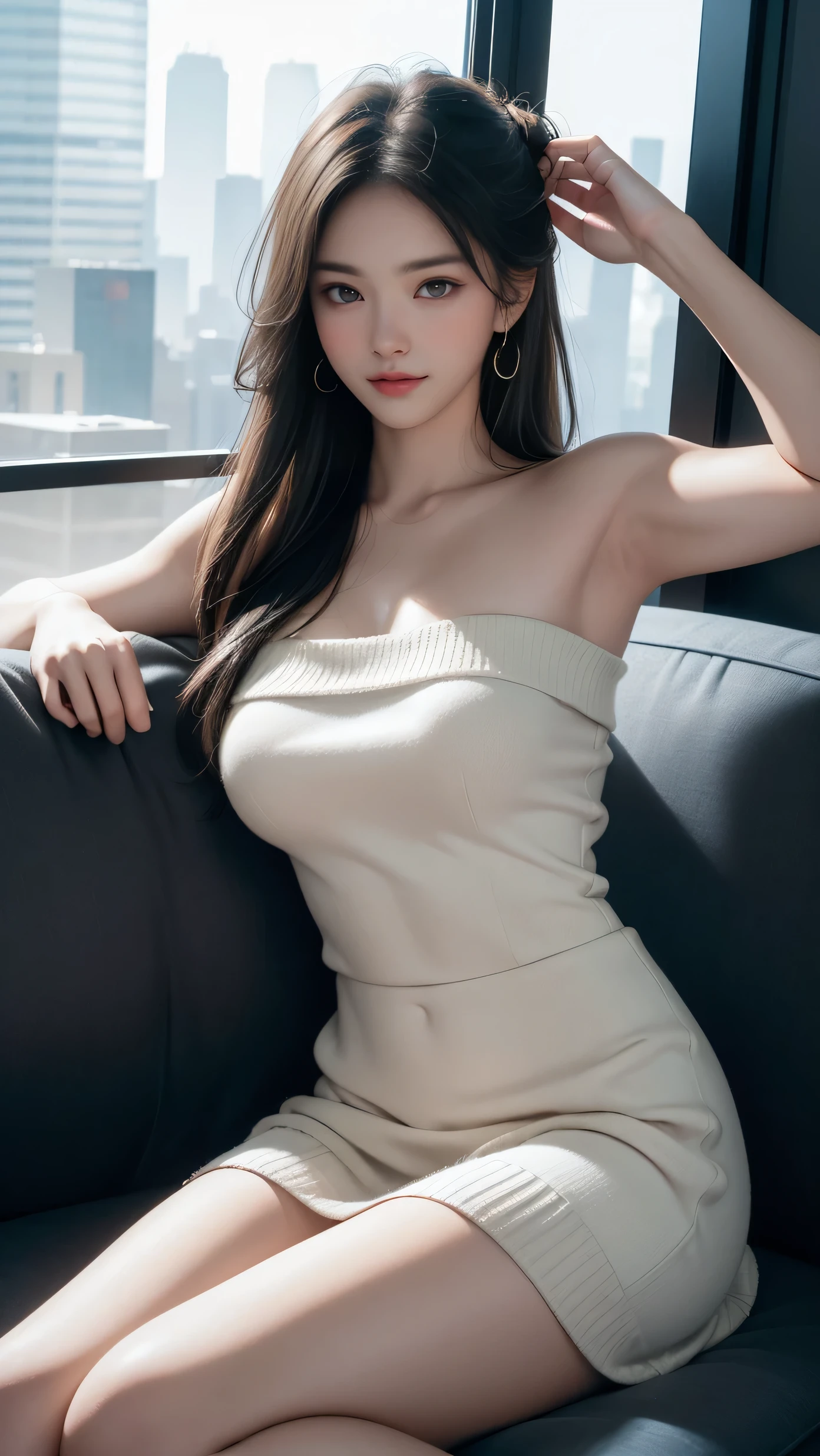 (RAW shooting, Photoreal:1.5, 8k, highest quality, masterpiece, ultra high resolution), perfect dynamic composition:1.2, Highly detailed skin and facial textures:1.2,beautiful and aesthetic:1.2, full body, sandals, Fair skin, (large breast:1.4, Chest gap:1.4),(earrings,necklace,1girl, tall, long legs, makeup, brown hair, single braid,perfect thigh, tight red top,sleeveless,tight red long pants, belt),(simple background:1),