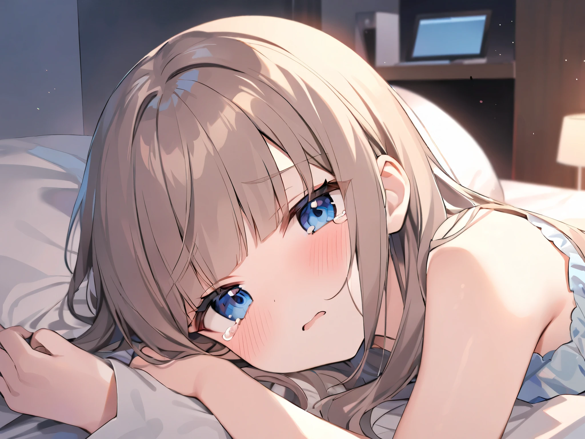 Nightwear、Lying in bed、dark room、blunt bangs、chest length hair、whitish ash brown colored hair at the office、blue dark eyes 、looking at me、Princess Cut、holding back tears