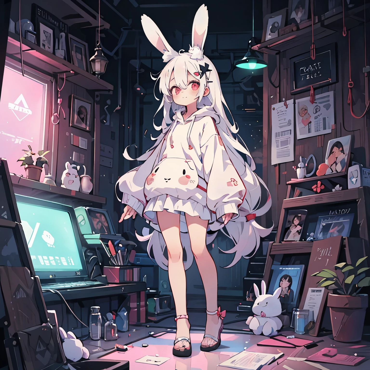 A young albino rabbit beastkin girl with long, silky white hair and bright red eyes. She has soft, innocent-looking eyes and a petite, delicate frame. She wears an oversized hoodie that reaches mid-thigh, making it seem like she’s not wearing any bottoms. She wears stylish high-heeled shoes to compensate for her small height. Her rabbit ears slightly droop, adding to her adorable charm. She usually appears clumsy and cute, with a cheerful demeanor, but has a surprising secret: she is a notorious assassin in the underworld. When in assassin mode, she exudes a cold, calculating aura, with a piercing gaze and a subtle smirk. The background can depict either a cozy, warm setting (her daily life) or a dark, neon-lit cyberpunk city (assassin mode), depending on the scene. The lighting can shift from soft and warm in casual settings to high-contrast and dramatic in assassin mode.