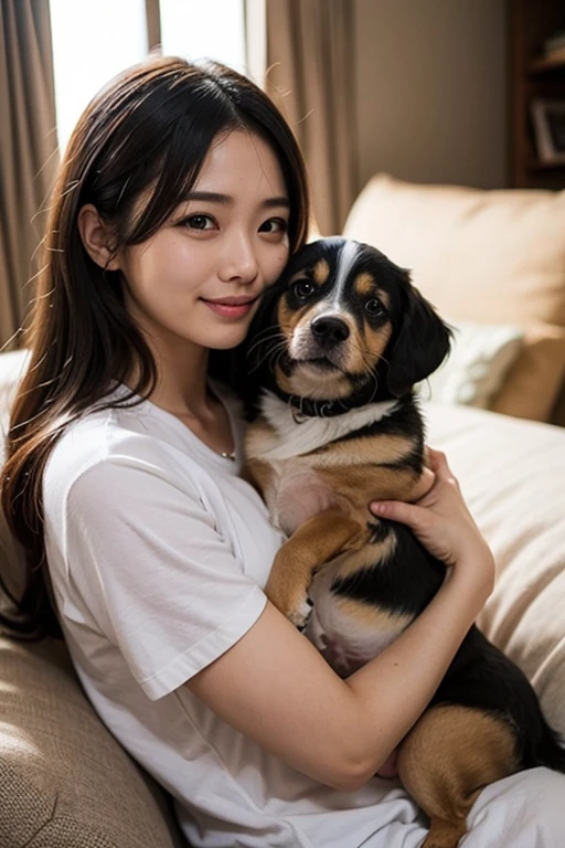 She looks 16 but、She has the cute face of a 20-year-old idol. Gentle and cute Smiling in underwear She is holding a cute miniature dachshund dog to her chest.RAW Photos Genuine Real Stick、realism、Raw photo、Life sofa Do not display copyright