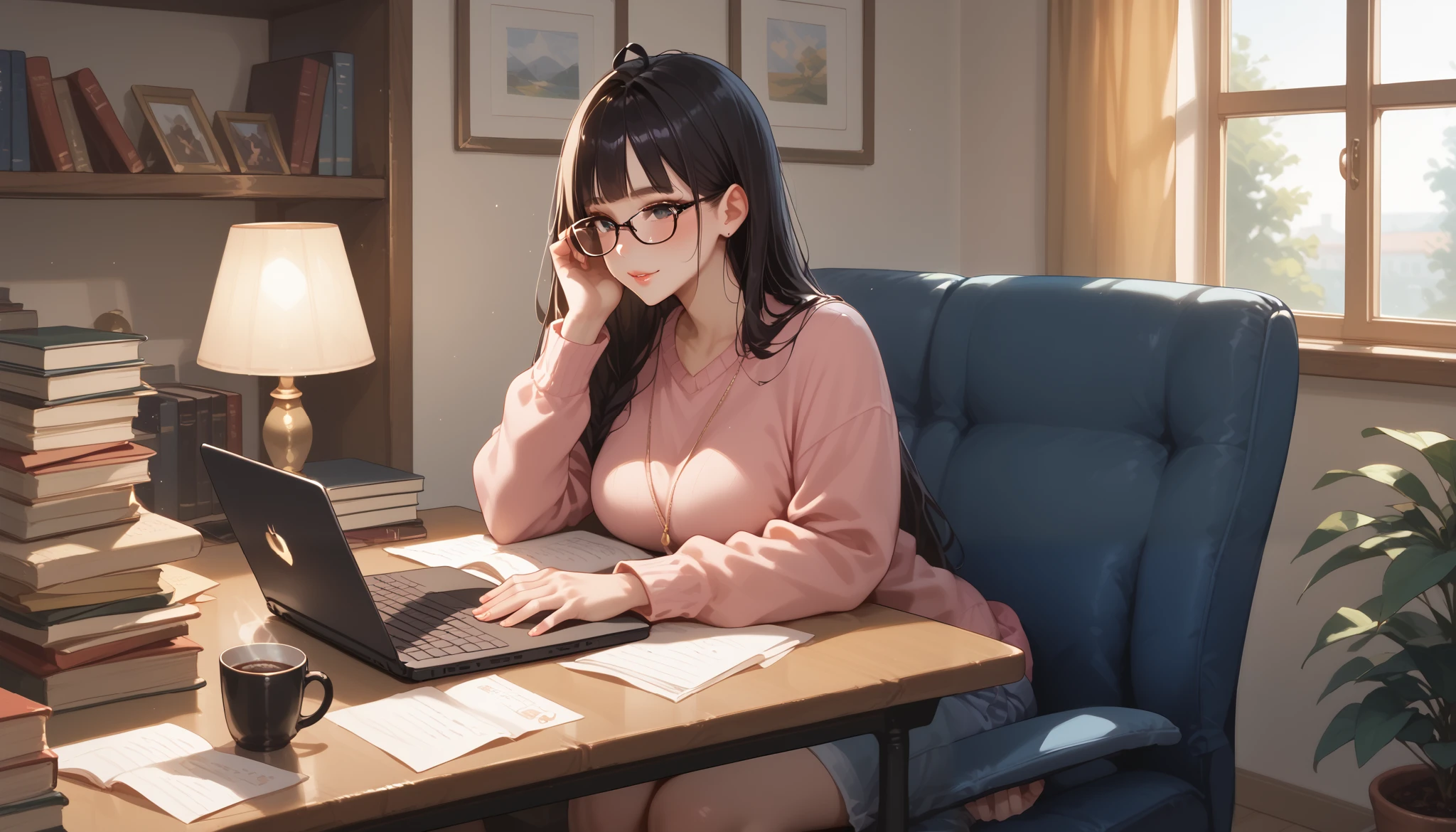 "A beautiful face and nice body, a woman sitting at a cluttered desk, deeply engaged in her work on a laptop." She is wearing glasses and a casual sweater, surrounded by books, notes, and a steaming cup of coffee. The warm desk lamp adds a cozy touch to the workspace.