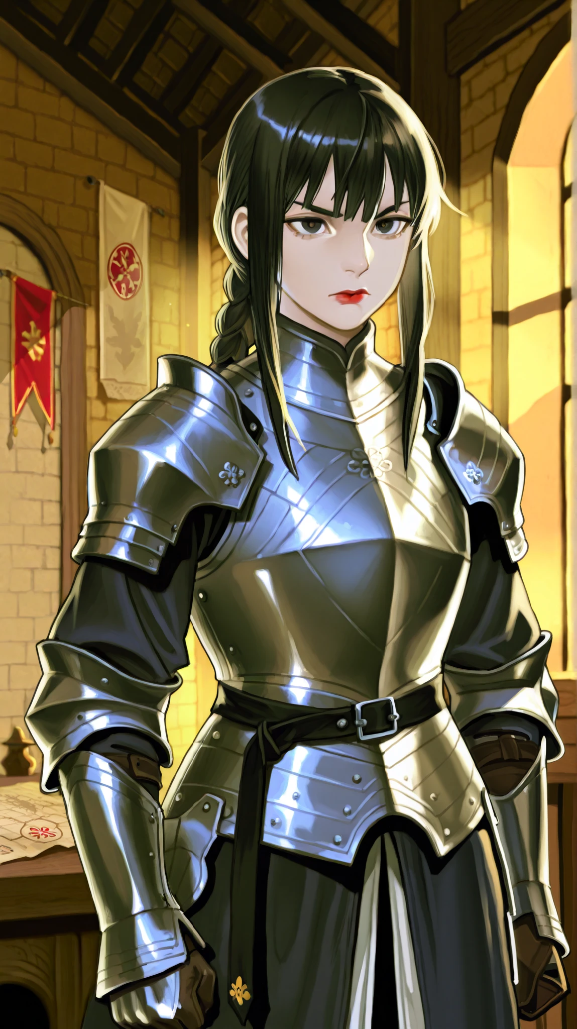 An imposing warrior in elaborate brushed metal armor, with coats of arms marking his patent as commander. Her black hair is tied in a tight braid, with some loose locks . She has light skin like porcelain, dark eyes and a serious expression and determined. Your lips have a shade of light red lipstick, and there is a discreet shadow around the eyes, conferring an air of subtle refinement. The armor is sturdy and functional, without ornamental excesses, highlighting her powerful silhouette . She stands up straight, with a firm posture and a penetrating look. The background shows a medieval war room, with maps and flags, illuminated by torches and a soft golden light. The atmosphere transmits authority and leadership. .5