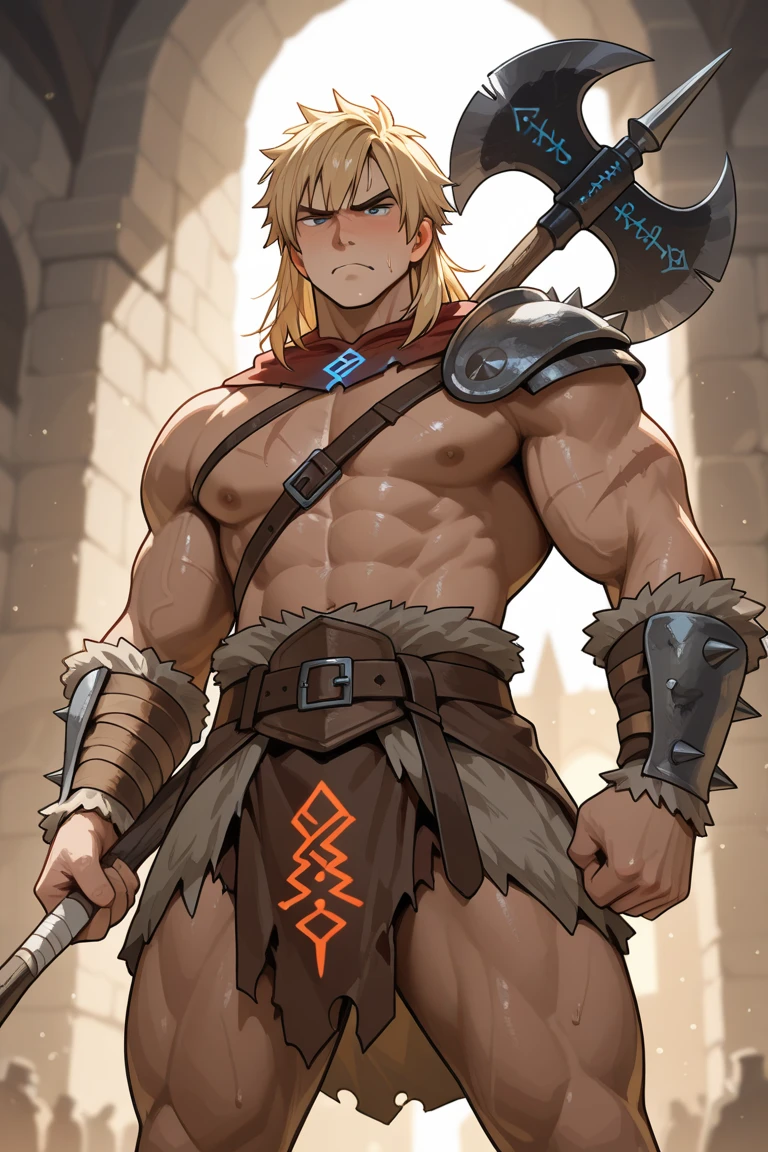 A male high elf barbarian. The high elf should be a man with blonde hair and green eyes. The elf should have a muscular body with scars. The elf should have a mighty hammer and a barbarion outfit.