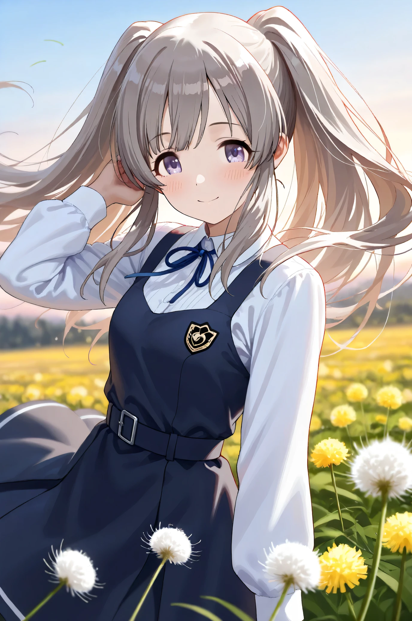 (Masterpiece), (Highest quality), (Very detailed),
(The best shape), (Best Shadow), (Absurd),
(Detailed background), (So beautiful), Shiny ,
Beautiful eyes in every detail, Extraordinary, Countershading, 8k, 32K, High resolution,
Very Detailed CG,
Score_9, Score_8_up, Score_7_up, Source_anime,
(Pastel painting:1.2), (Watercolor painting:1.2),
(Masterpiece, Detailed:1.2), (Foreshortening:1.2),
Cinematic, Dramatic, (Depth of field:1.4),
(Blurry background:1.4), (Realistic background:1.4),
(foreshortening:1.3),
Dynamic angle, Dynamic pose, from side,
1 girl,
Outdoor, Nature, Flower Field, (Wind:1.2), (Dawn:1.2),
Dandelion, Dandelion fluff,
Yukoku Kirino,
the idolmaster shiny colors,
yukoku kiriko, Twin tails,
school uniform,
white shirt, collar shirt, slateblue ribbon, Long sleeves shirt,
One-piece dress, slateblue one-piece dress, belt,
portrait, close up shot,
(Blush:1.3),
Hand in own hair,
Smile, Happy,
Realistic skin,
Shiny skin,
Focus on face,