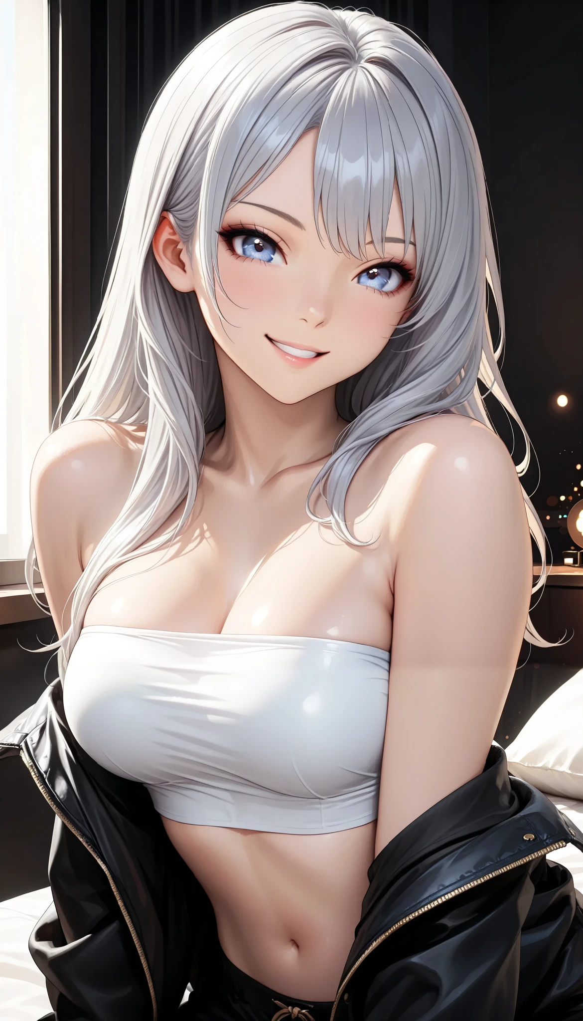 tube top of the eyebrow,jacket,cool,sexy,woman,long silver hair,( laugh, smile), beautiful shining eyes, glossy lips ,very detailed目と顔,Long Lashes,sexyポーズ,random pose, cowboy shot:1.4,,high quality,Pro Effects,4K resolution,Large scale,Super Detail,Photo,HDR,studio lighting,Extreme detail,Vibrant Colors,Bokeh,Portrait,photoshoot,anime style,photorealistic looking happy,(最high quality:1.2,very detailed,CG illustration,masterpiece:1.2,Aesthetics at its best),