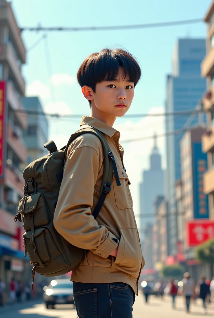 15-Year-Old Boy Walks Lost Through City Streets of Athletic Medical Corps Wears Student Clothes, su cabello y sus ojos son de lor gris piel rosada