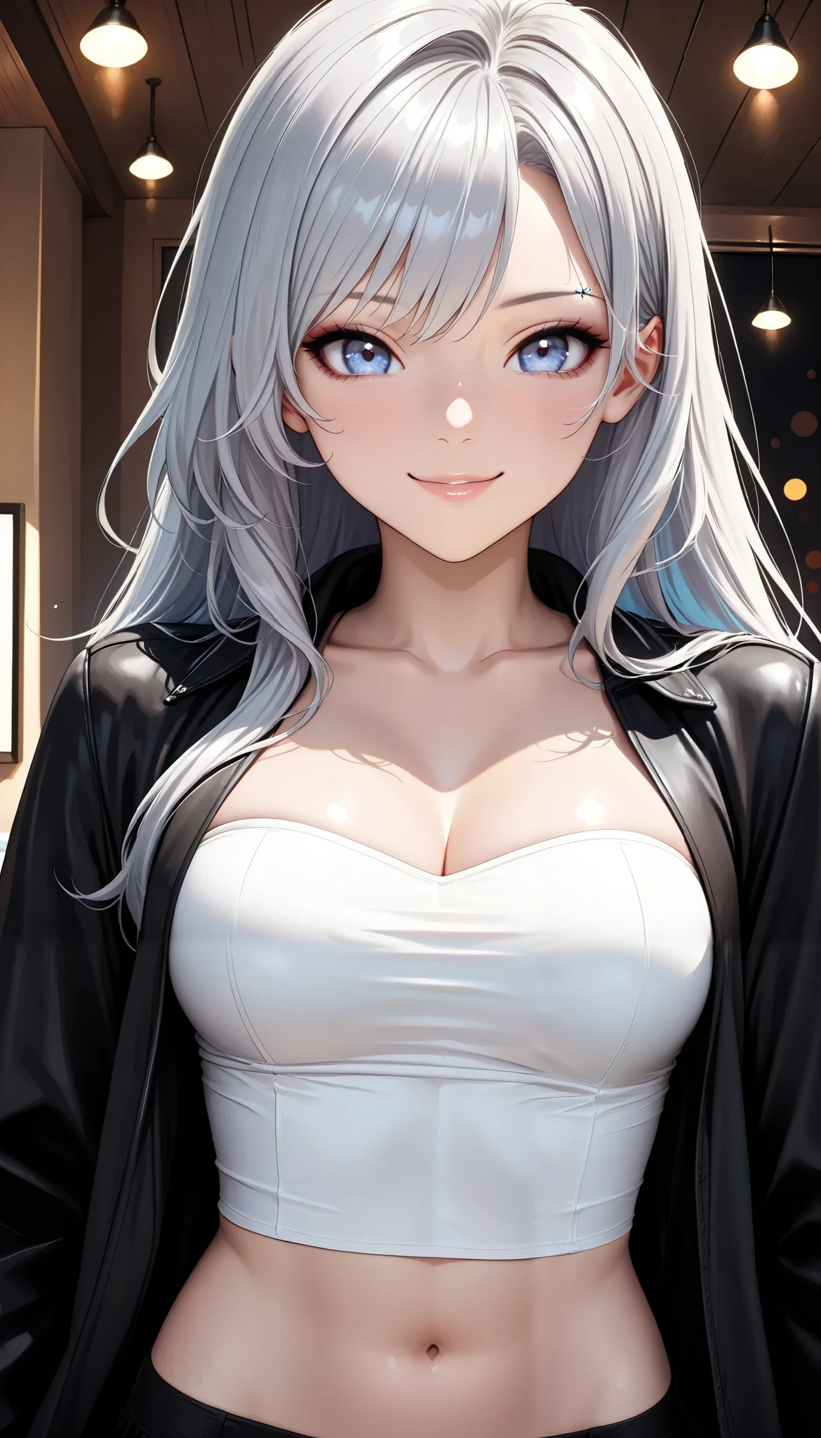 tube top of the eyebrow,jacket,cool,sexy,woman,long silver hair,( laugh, smile), beautiful shining eyes, glossy lips ,very detailed目と顔,Long Lashes,sexyポーズ,random pose, cowboy shot:1.4,,high quality,Pro Effects,4K resolution,Large scale,Super Detail,Photo,HDR,studio lighting,Extreme detail,Vibrant Colors,Bokeh,Portrait,photoshoot,anime style,photorealistic looking happy,(最high quality:1.2,very detailed,CG illustration,masterpiece:1.2,Aesthetics at its best),