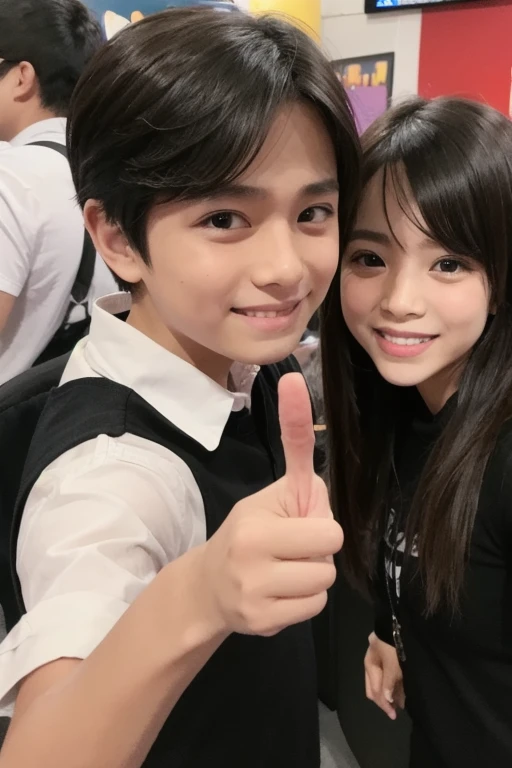 with zerobaseone Kim Gyubin.
He is a man
He has a black handsome hair.
He is wearing cute headband of dog
at an amusement park
She is laughing at a girl while waiting in line for the Ferris wheel.