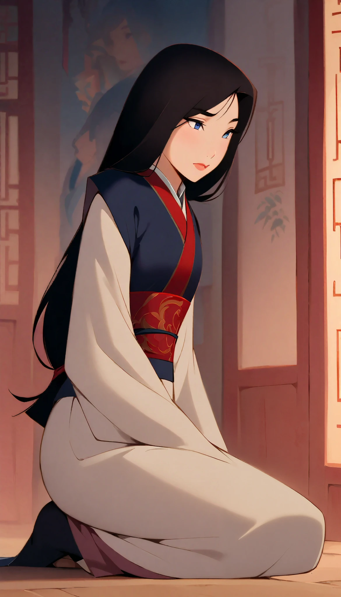 Hua Mulan,Show female shy,19 years old, like a porcelain doll, fine features, delicate,Black and red color scheme,poster,iconic disney characters。shonen style, anime style, straight hair, big hair, ((long hair)) ,japanese young woman warrior, black hair, traditional japanese dress, ((seiza posture)), bottom perspective, panoramic view, fantastic lighting, detailed, with an sword, ((perfect eyes)), ((really shy)), woman body, kunoichi, ((closed mouth)),((loooking down)), ((woman))