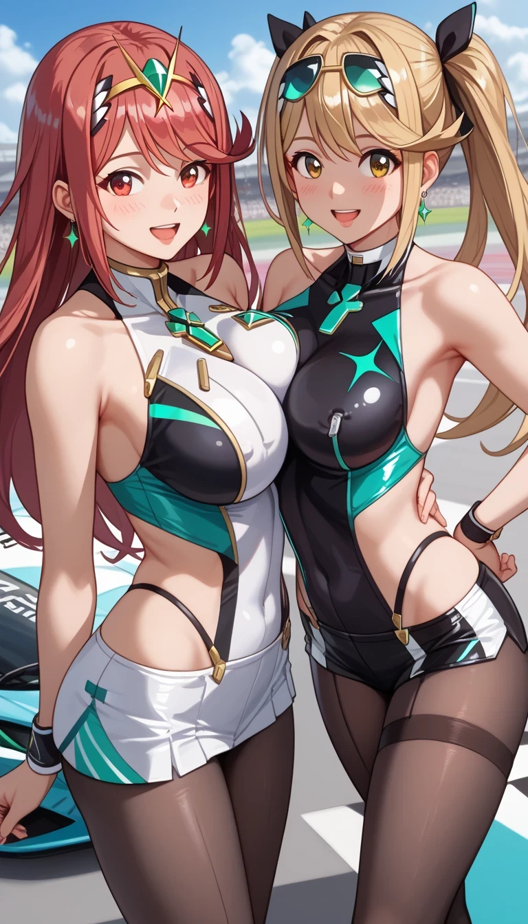 score_9, score_8_up, score_7_up,  source_anime、top quality、8k、 masterpiece、ultra high definition、 natural light、perfect anatomy、 perfect eye、beautiful eyes、((((two women))))、medium breasts、saggy breasts:1.2、Pyra , mythra, (race queen on the circuit、pantyhose)、((happy))、(spring park)、 stand and pose