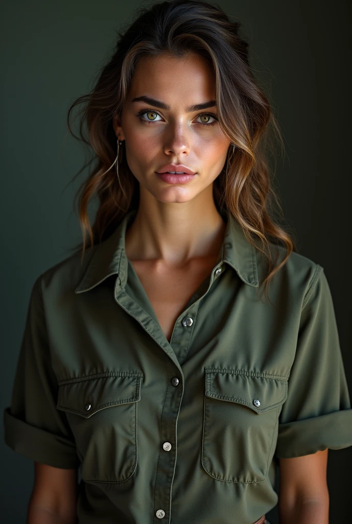 photo of beautiful (EP4vor1:0.99), a woman in (backgrounnd:1.1), perfect hair upsweep updo, wearing Eucalyptus (Henley, Cargo Pants:1.1), ((Cyberprep:1.1)), modelshoot style, (extremely detailed CG unity 8k wallpaper), professional majestic (photography by robert capa:1.1), (Canon EOS Rebel T7 DSLR Camera), 24mm, exposure blend, hdr, faded, extremely intricate, High (Detail:1.1), Sharp focus, dramatic, soft cinematic light, (looking at viewer), (detailed pupils), (upper body), 4k textures, elegant, ((((cinematic look)))), soothing tones, insane details, hyperdetailed, low contrast, SFW