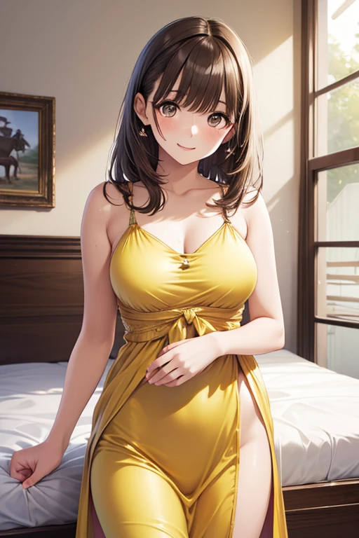 高いquality illustration, masterpiece, Very delicate and beautiful, Attractive girl,(Yellow camisole、Yellow underwear),thin,Slender body,slim、Background of the dressing room,Princess, Beautiful Eyes,smile、Embarrassed、blush(masterpiece, Highest quality:1.2), High resolution, Very detailed CG ユニティ 8k 壁紙, Perfect lighting, colorful, 超High resolution,4K,Very detailed, photograph, 8k, High resolutionolution, 17 years old、Big Breasts、Butt、squat、Thick pubic hair protruding、Pubic hair sticking out