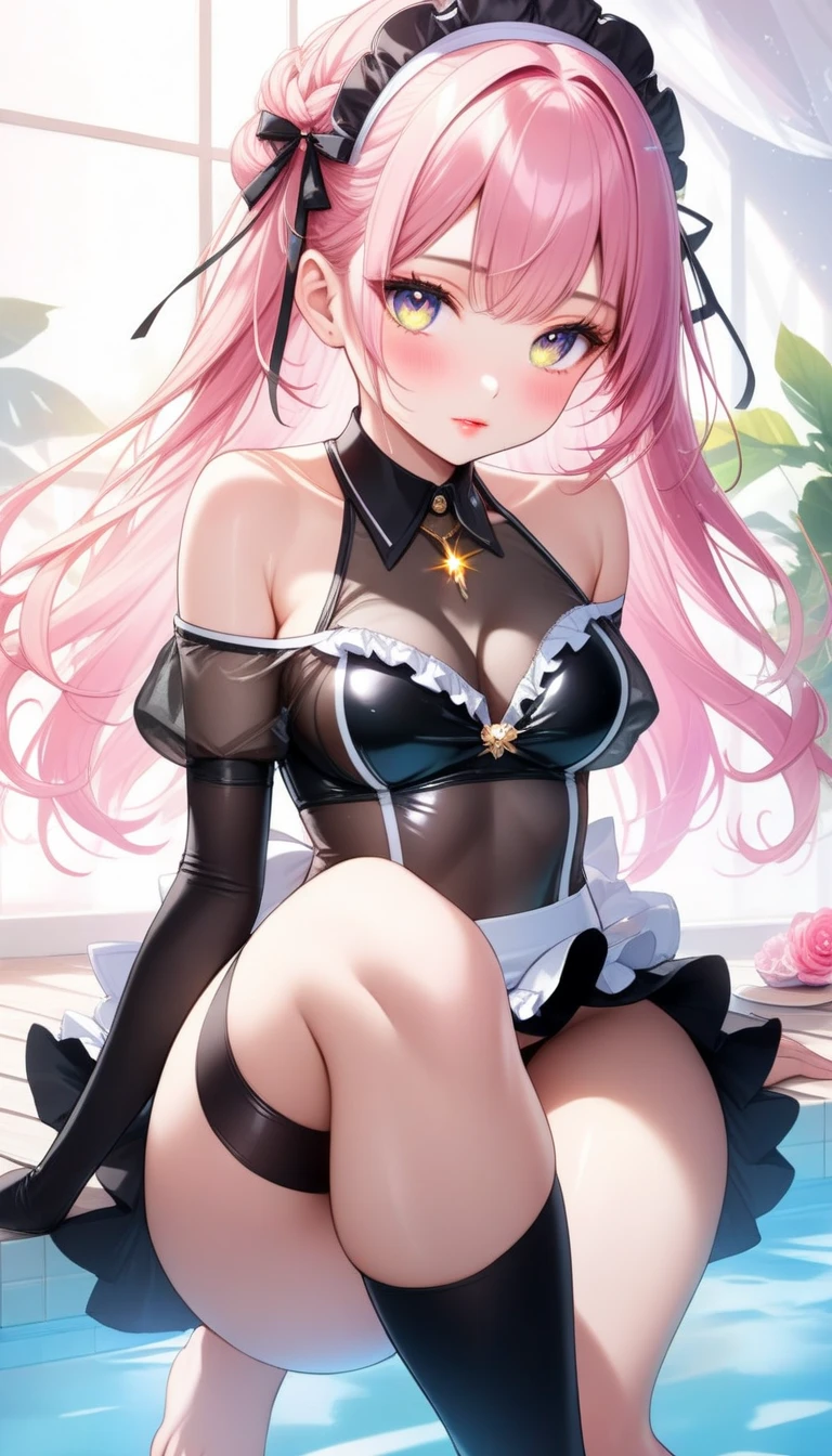 nsfw, 1 girl, game CG, sleeveless frilly black string bikini, cleavage visible, navel visible, maid's hair ornament, maid's small apron, gigantic breasts, pink hair, long hair, low twintails, princess hairstyle, stupid Hair, pink eyes, sea, sandy beach, 1boy, vaginal sex, penis, all fours, from the side,