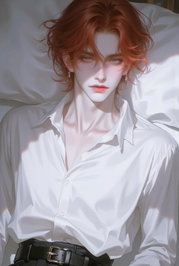 beautiful sullen man in an animated illustration、 beautiful and handsome 、hope、good night、 lean muscle 、light、 is expressionlessで睨む、僕は君をgood nightしてるよ、20 years old、 is expressionless、light red very very short hair、  tidy hair  、 Porter-centered、light brown eyes、 white skin、Small face、white shirt and black pants、Sleek illustration、 smoothly drawn 、 Painful expression taken from an oblique side、