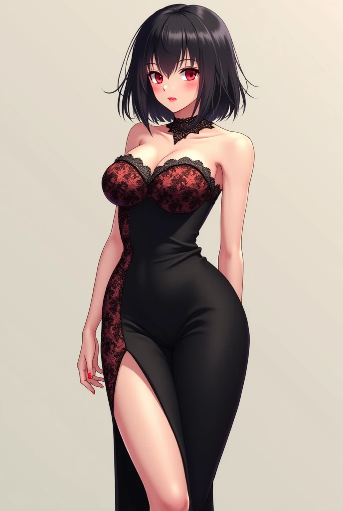 Remove her clothes and replace them with a black evening dress with side slits