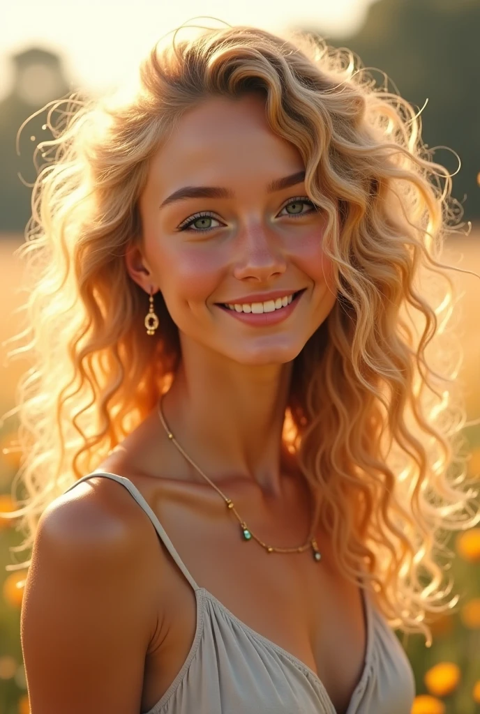 portrait photo realistic woman, (looking at the camera)beautiful big lips, breasts big, curly hair, blond , beautiful smiling, Broad Hips, perfect whole body,vote for realistic outdoor boho style fashion accessories for natural hair,,,,,,
