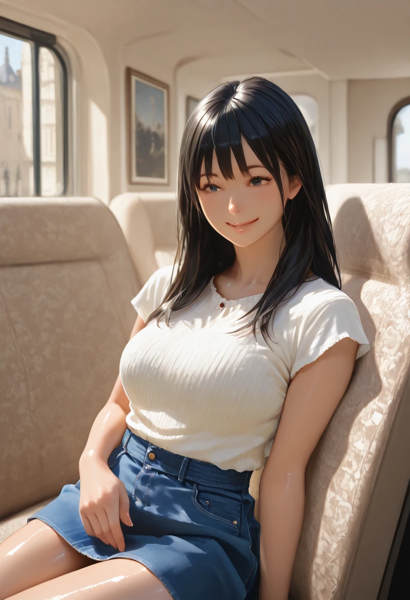 1 girl,(black hair semi-long)(beautiful hair), actress, smile, shiny skin, best quality, masterpiece, (photorealistic:1.4), terrace seating, Europe, France, Paris, denim mini skirt (realistic fabric), white short sleeves (cotton fabric), (no logo), thin fingers