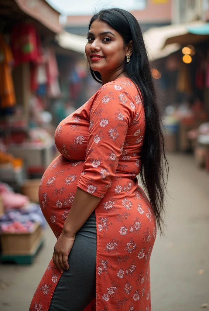 very very big pregnant midriff asian beautiful woman,belly button, city,long sleeve croptop and jeans,walking