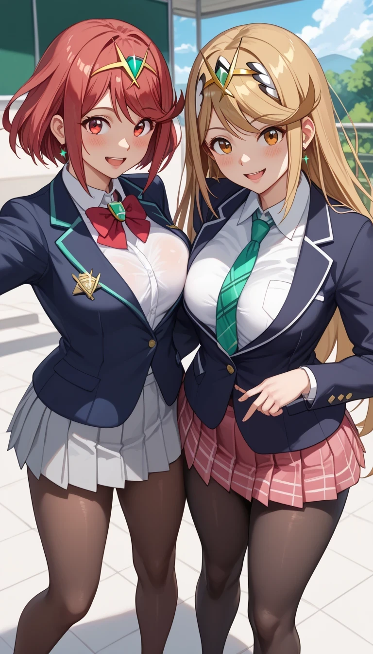 score_9, score_8_up, score_7_up, source_anime、top quality、8k、 masterpiece、ultra high definition、 natural light、perfect anatomy、 perfect eye、beautiful eyes、((((two women))))、medium breasts、saggy breasts:1.2、Pyra , mythra, (high school uniform、blazer from above the bar、pantyhose)、((happy))、(spring park)、 stand and pose