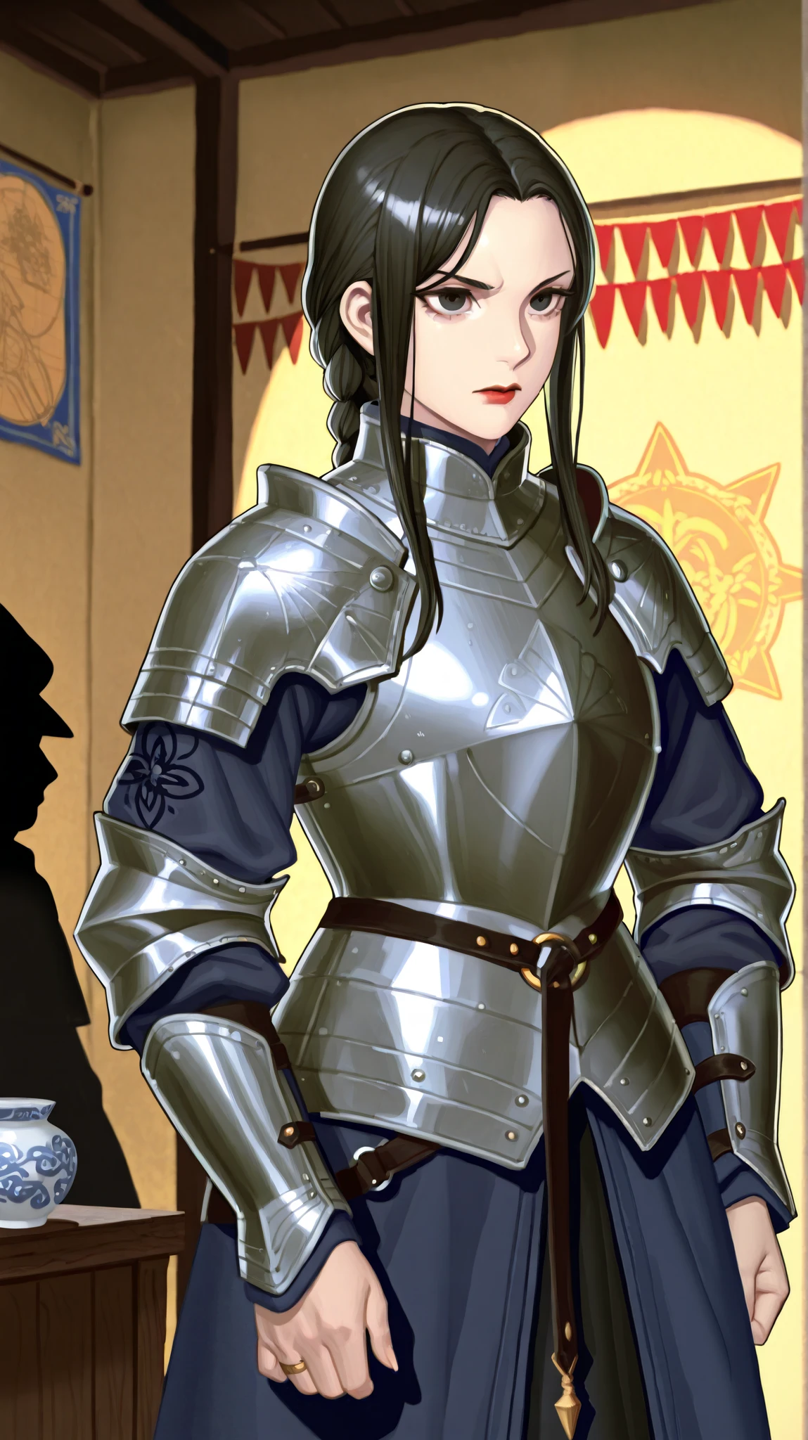 An imposing and mature warrior in elaborate brushed metal armor, with coats of arms marking his patent as commander. Her black hair is tied in a tight braid, with some loose locks . She has light skin like porcelain, dark eyes and a serious expression and determined. Your lips have a shade of light red lipstick, and there is a discreet shadow around the eyes, conferring an air of subtle refinement. The armor is sturdy and functional, Worthy of a general, highlighting her powerful silhouette . She stands up straight, with a firm posture and a penetrating look. The background shows a medieval war room, with maps and flags, illuminated by torches and a soft golden light. The atmosphere transmits authority and leadership.