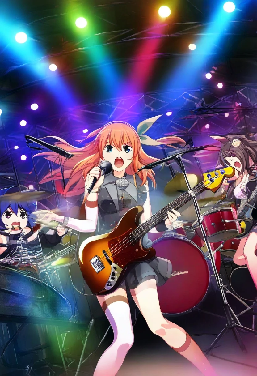 The scene takes place on a live house stage illuminated by colorful spotlights. A girls’ band is performing intensely, with the vocalist shouting into the microphone while playing alongside guitar, bass, and drums. The composition is dynamic, bursting with energy and passion. Vibrant colors and subtle motion blur enhance the sense of movement and excitement.