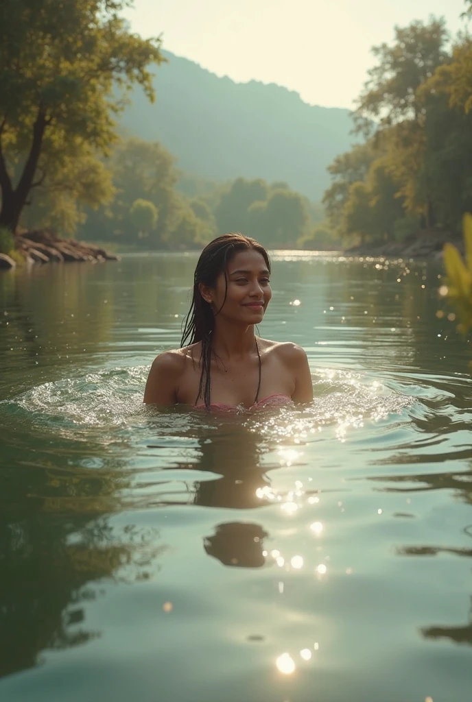 maozonia indigenous girl, 18 years old, bathing in a river, in the middle of the forest, a jaguar watching from afar, sad, Clockpunk, Gamercore, street level view, Blender rendering, 100mm, Sculpture, iridescent colors, Medicalcore, strobe lighting, ultra realistic, photorealistic, octane render, unreal engine, hyper detailed, volumetric lighting, hdr, octane render, fantasy 4k 8K
