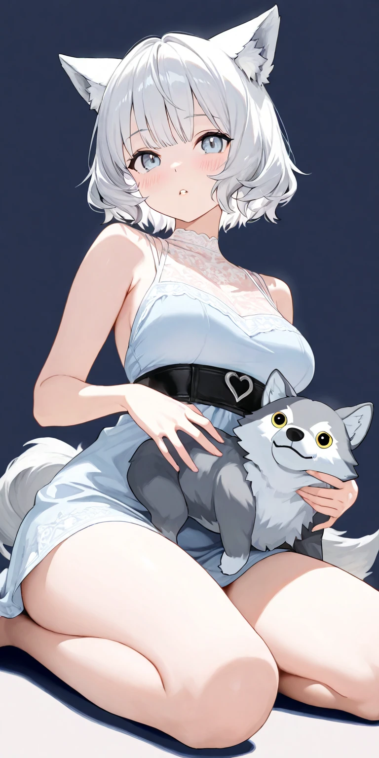 big breasts:1.5、、highest quality、very detailed、Very realistic eye masterpiece、highest quality、very detailed、gray hair、perfect face、long hair、white dress、sundress、Sex with dogs、