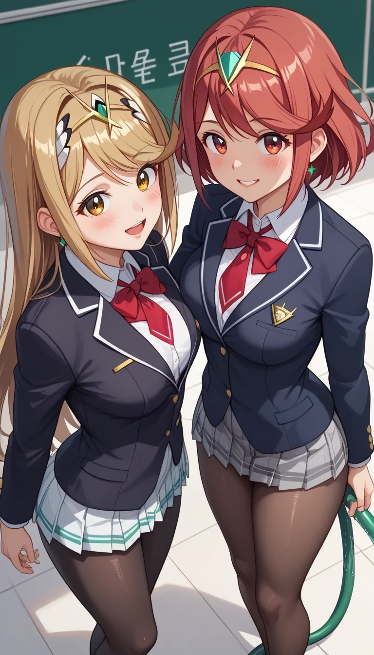 score_9, score_8_up, score_7_up, source_anime、top quality、8k、 masterpiece、ultra high definition、 natural light、perfect anatomy、 perfect eye、beautiful eyes、((((two women))))、medium breasts、saggy breasts:1.2、Pyra , mythra, (high school uniform、blazer from above the bar、pantyhose)、((happy))、(spring park)、 stand and pose
