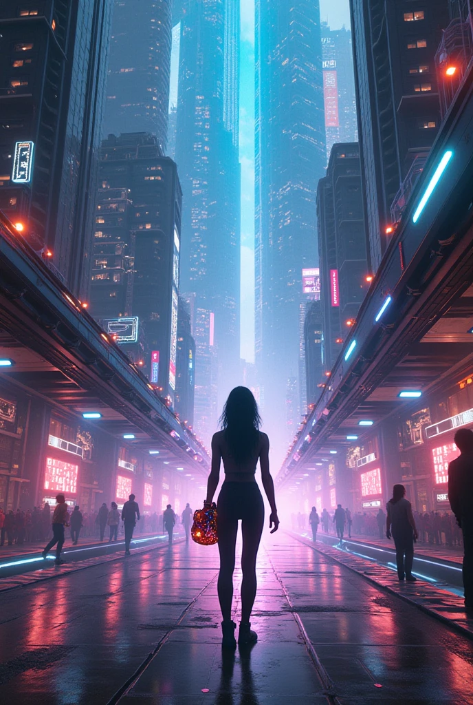 (en) masterful cyberpunk art that features a beautiful, futuristic girl with large breasts wearing a short dress amidst a brilliantly illuminated neon city brimming with futuristic lights and skyscrapers. --auto