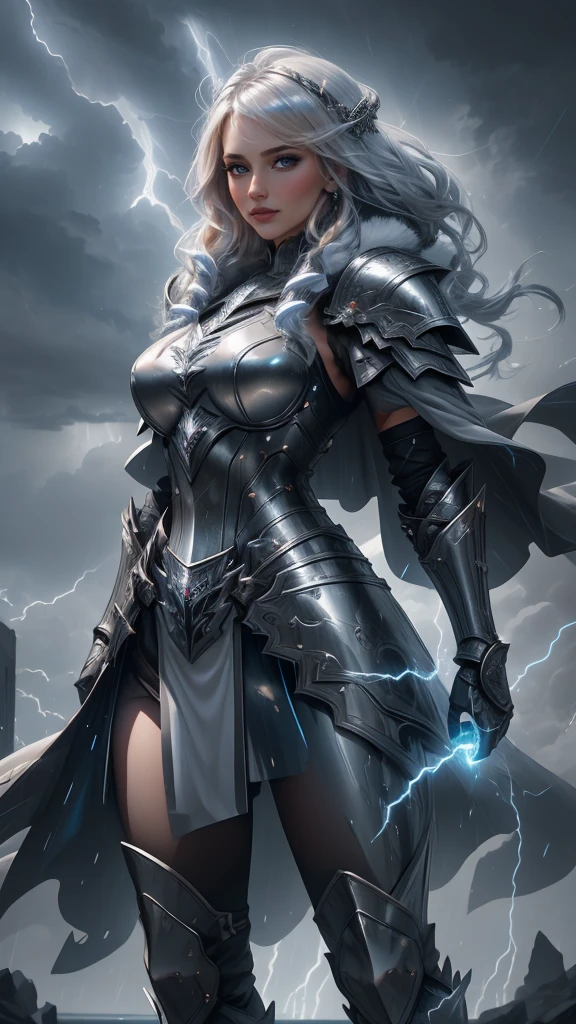 1 girl, (Anatomically correct), masterpiece, Highest quality, RAW Photos, Photorealistic, beautiful girl, 25 years old, (villain:1.6), (personification of thunder), (staring intently at the viewer), fantasy, messy hair, blond hair, (powerful posing:1.4), flowing hair:1.5, ((glare:1.5)), lightning, detailed and ornate leather armor, full-body armor, no skin showing, intricate armor design, fantasy warrior attire, heavy armor, protective gear, epic fantasy.