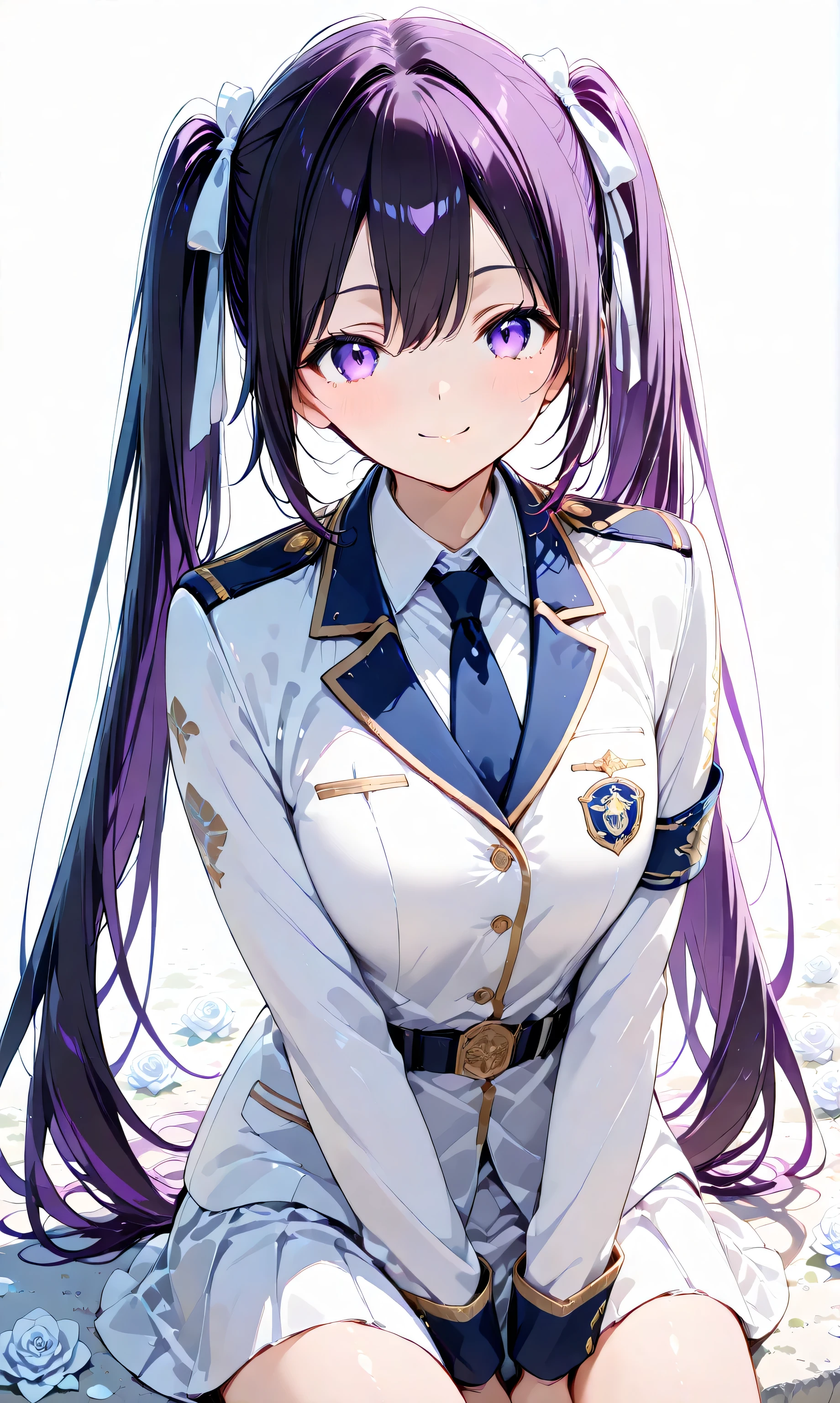 (watercolor:0.4)、(   pastel   :0.6)、 1 dead girl 、long jet black twin tails、Tie a faint black highlight with a ribbon、a knight in a military uniform with white roses scattered around、purple eyes。an expression where you can sit on the ground and place a sword on your side、trying to stand up with a small smile。The scattered roses and the battlefield is illuminated at sunrise、It makes me feel hopeful、A new beginning。Simple white background that makes the character stand out。


