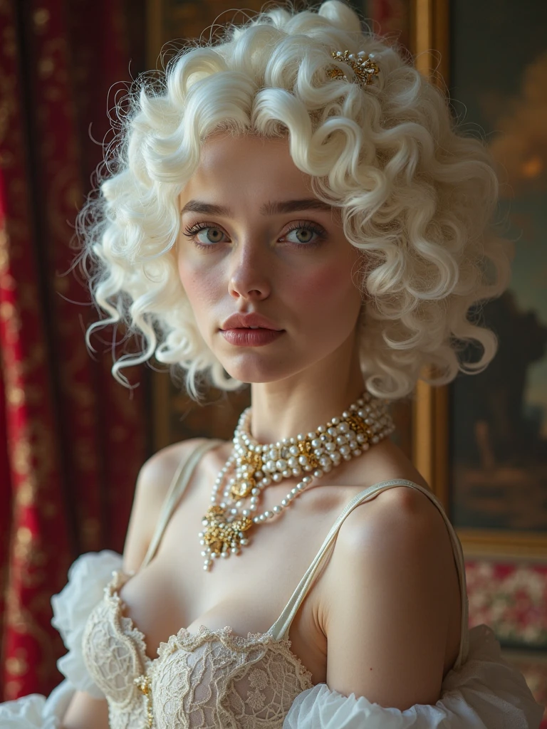 cinematic photo, gorgeous Georgian era woman, bare shoulders, head held high, grand elaborate white powdered wig, towering wig with curls and waves, delicate ornaments, well-defined eyebrows, subtle rouge cheeks and kohl, delicate lace ruffle, silk skirt. lavish Georgian ballroom, crystal chandeliers, gilded furnishings. 35mm photograph, film, bokeh, professional, 4k, highly detailed