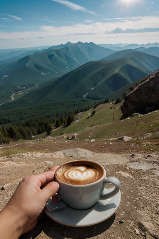 Wine red flag latte art coffee mug, and in the background the misti of arequipa