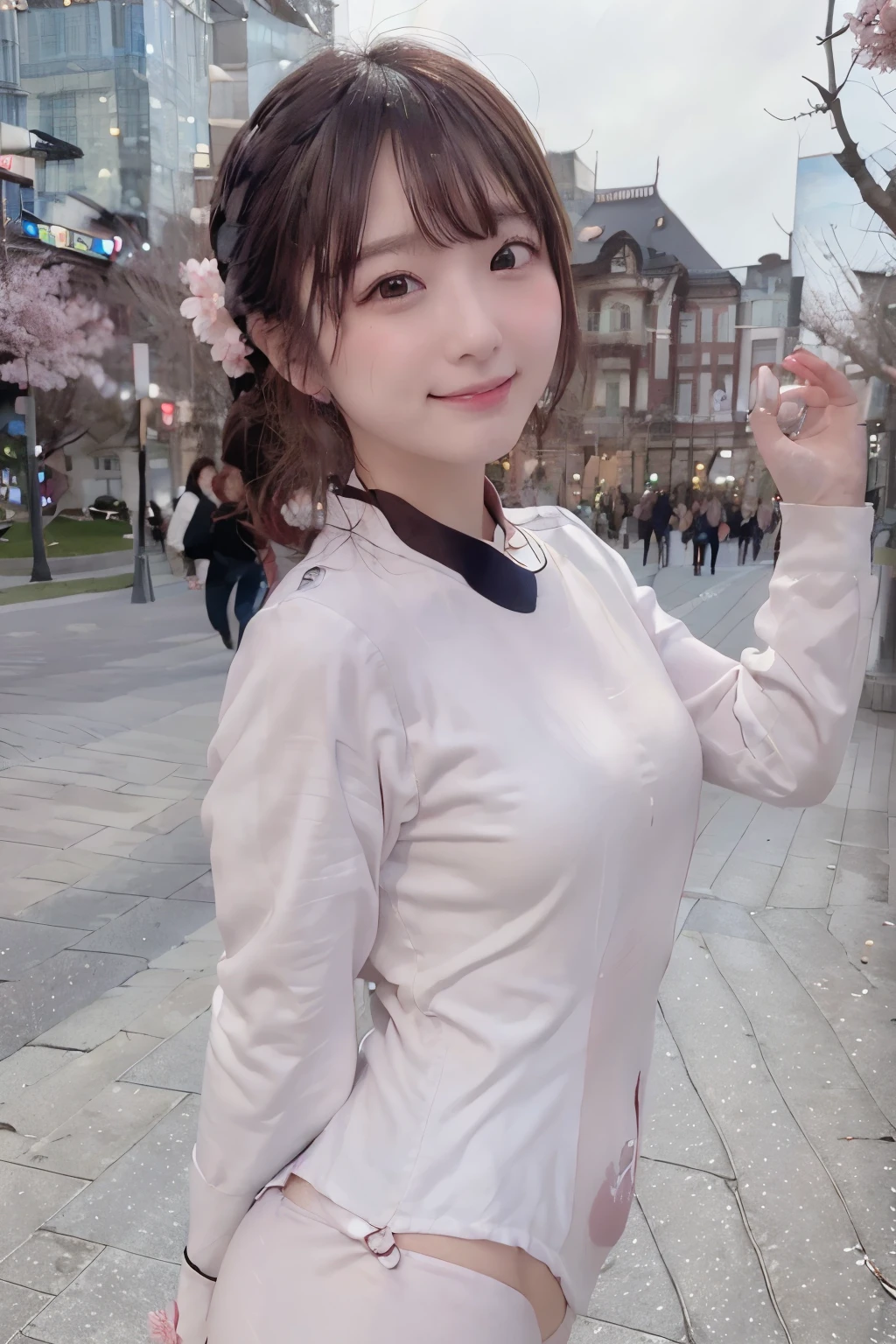 8k, raw photo, best quality, high resolution, realistic, photorealistic, extremely detailed 8k wallpaper, beautifully detailed eyes, finely detailed exquisite face,
 break 
cinematic lighting, 
 break 
((a lot of sakura bloomimg trees, spring sakura season city)), 
marunouchiekimaehiroba, building, 
japanese street cityscape, 
 break 
perfectly anatomically correct:1.1, 
 break 
1 female is smiling, 
kawaii like an idol:1.2, short ponytail, 
symmetrical clear eyes, chocolate color eyes with captivating reflections, 
symmetrical face line, stereoscopic projection, 
(wide-set eyes), small eyes:1.1, droopy eyes, round face, rounded jaw, [chiseled face], 
wearing neat pantsuit, 
high tensioned creases form in clothing due to lifted beautiful ideal ellipse protruding shape medium soft buttocks upturned, 
 break 
dynamic angle, bokeh