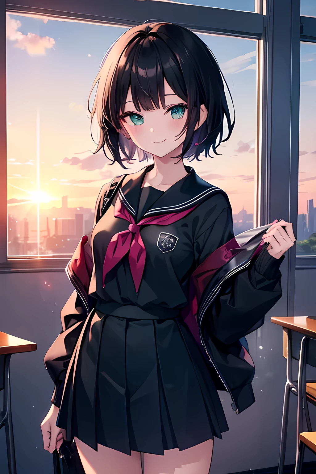 one girl、 black hair、short hair、 detailed green eyes 、sling、high school uniform、black and magenta sailor suit、smiles、classroom、sunset、anime style、top quality。