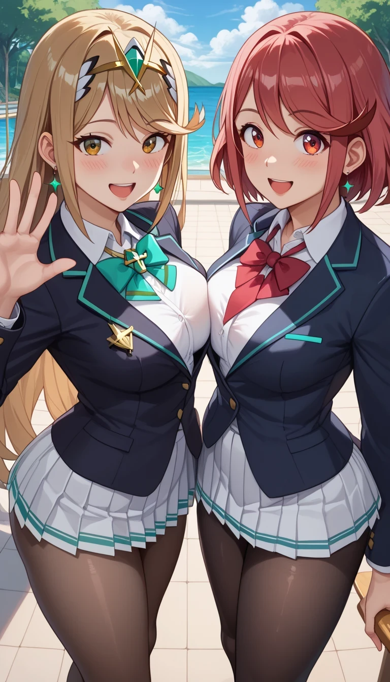 score_9, score_8_up, score_7_up, source_anime、top quality、8k、 masterpiece、ultra high definition、 natural light、perfect anatomy、 perfect eye、beautiful eyes、((((two women))))、medium breasts、saggy breasts:1.2、Pyra , mythra, (school uniform、blazer from above the bar、pantyhose)、((happy))、(spring park)、 stand and pose、shot from below