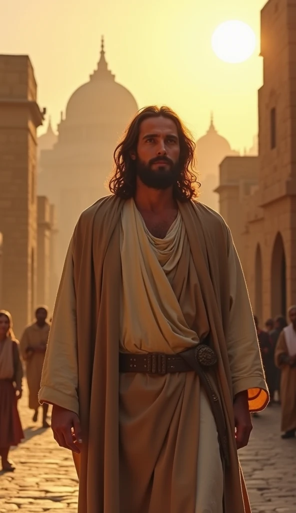 A serene depiction of Jesus, as portrayed by Jonathan Roumie in 'The Chosen,' with long, dark, wavy hair falling just below the shoulders and a full, well-kept beard. He is dressed in simple, neutral-colored robes typical of the first century, with a light brown tunic and a beige mantle draped over his shoulders. His expression is calm and compassionate, with gentle eyes that radiate wisdom and love. He stands in a setting that reflects the ancient Middle Eastern environment: a dusty, arid landscape with low stone buildings, simple clay houses, and a few sparse trees. The sky is clear, with a warm, golden light suggesting the late afternoon, casting soft shadows across the scene. The atmosphere feels peaceful and timeless, capturing the essence of spiritual tranquility and humility.