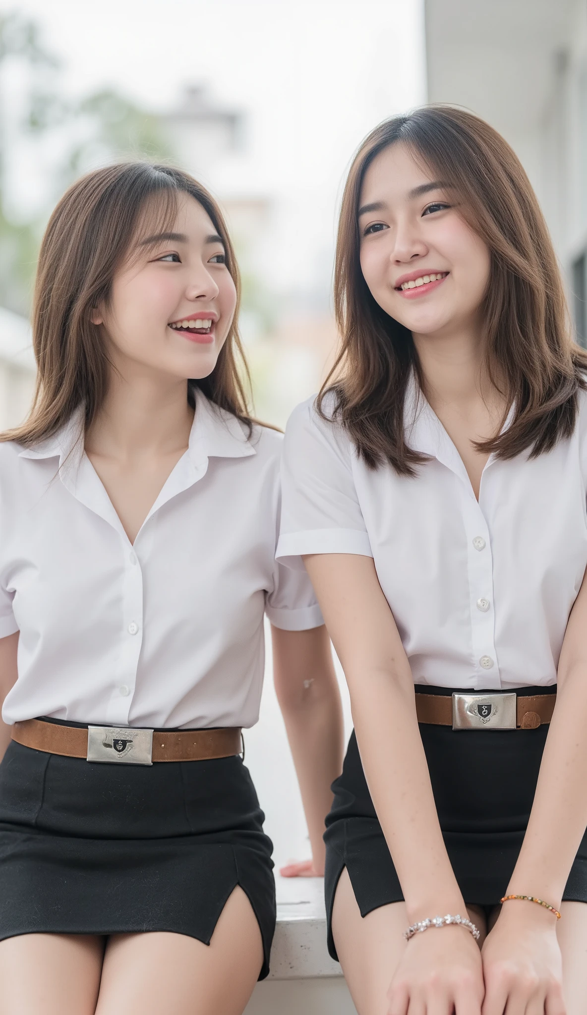 Two young Asian girls with stylish brown hair, cute smiles. Both have slender figures and are wearing white short-sleeve blouses tucked into short black pencil skirts with side slits. They wear suede dark brown belts with university rectangle silver emblems at their waists and simple bracelets. Sitting sexy together in a random university setting, they are chatting and laughing playfully, sharing a cheerful and lively moment.