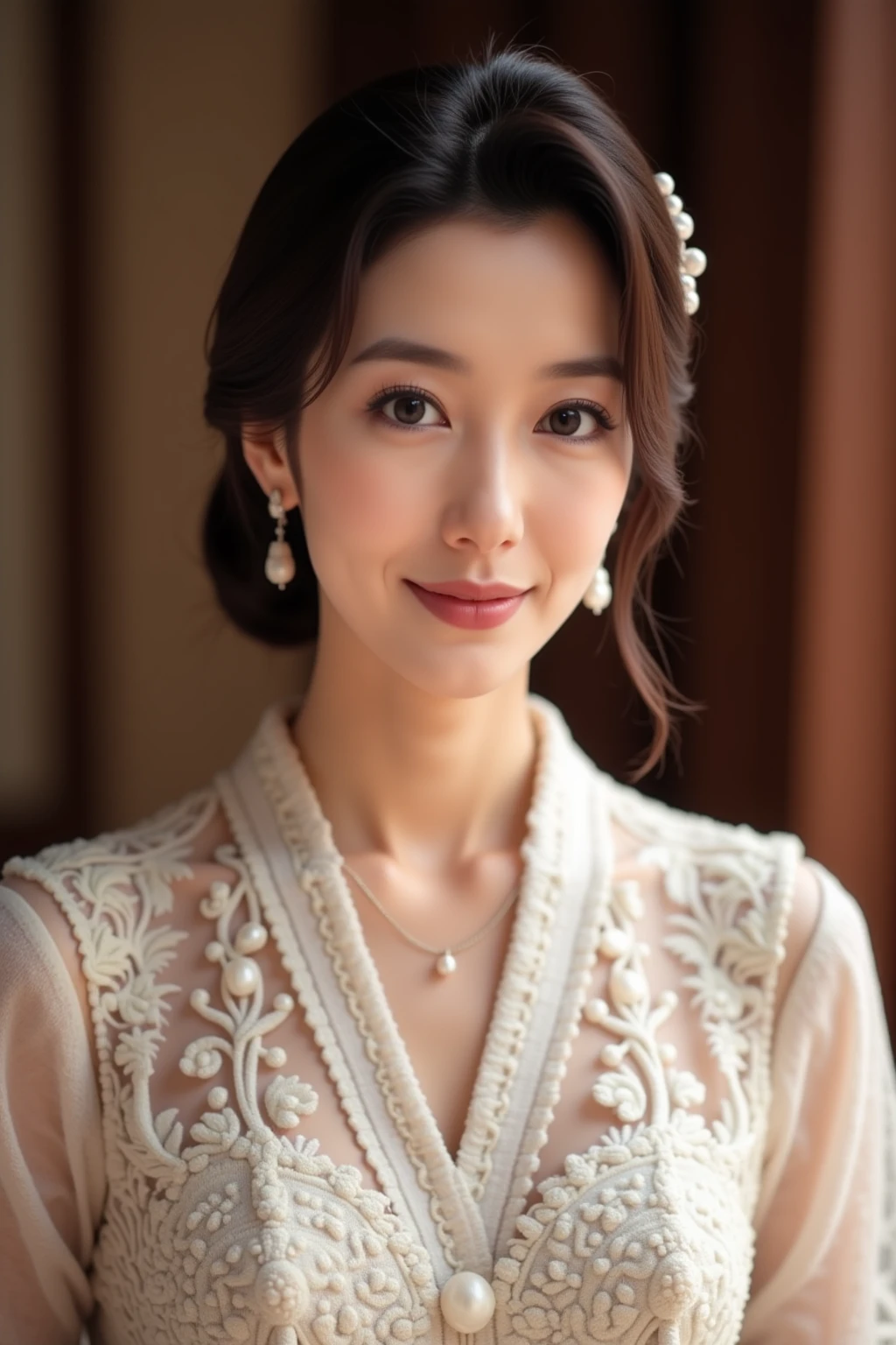 (realistic:1.3), insane detailed, quality, (masterpiece:1.2), (photorealistic:1.2), (best quality), (detailed skin:1.3), (intricate details), ray tracing, ((half body)), (((1girl))), (((1 person))), 20 years old, short hair, smile, red dress, skirt with pattern, color contrast between the dress and the skirt, skirt pattern, earrings, necklace, Javanese ornament, (blurred background)