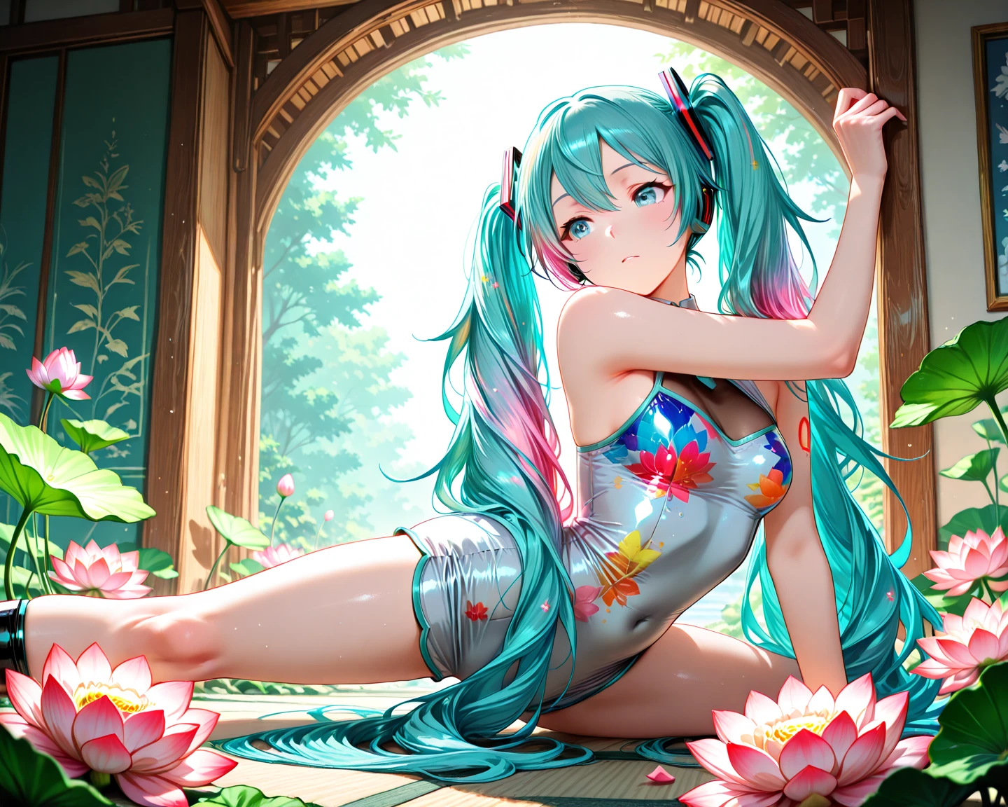 masterpiece, highest quality, highest quality,neon official art, anime style, (Aisha Hanabi), blue hair, mole under eye、very detailed,(fractal art:1.5),(colorful:1.3)(flowers:1.5),most detailed,(tangled:1.2), (dynamic pose), (neon abstract background:1.3), (shiny skin), (lots of colors:1.4), ,(earrings:1.4), neon ,full body、beautiful face、detailed face、perfect proportions、flat chested、thin waist、navel、gap between crotches、thighs、long legs、