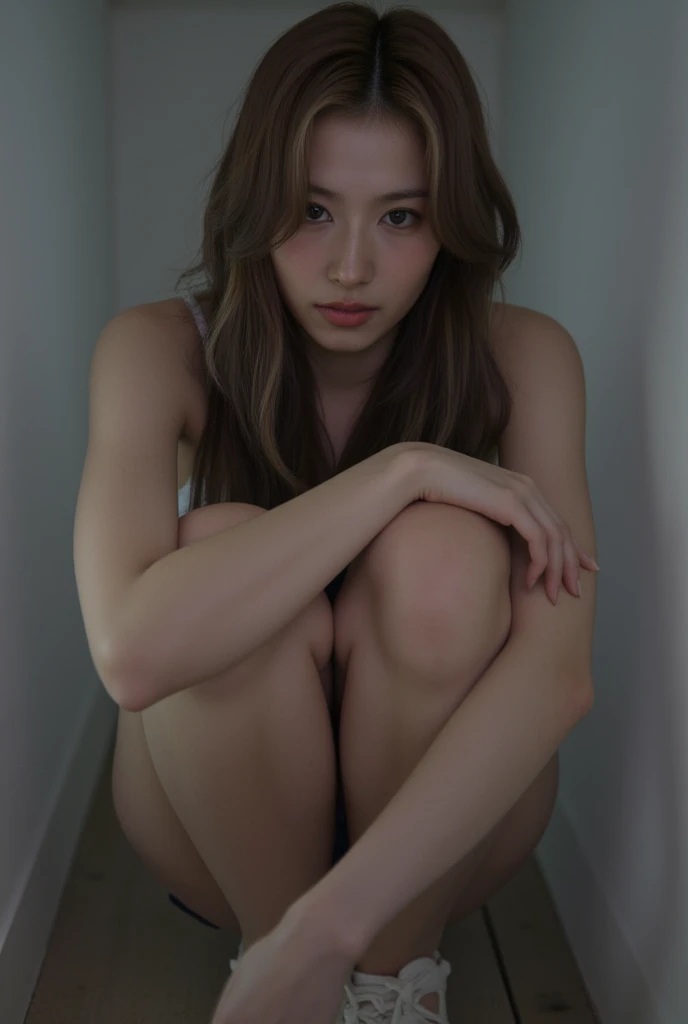HD Details, full body close-up of a completely naked woman on all fours on the floor, Long brown hair with red eyes, a wolf tail and wolf ears on his head, sucking or licking a penis with your eyes closed