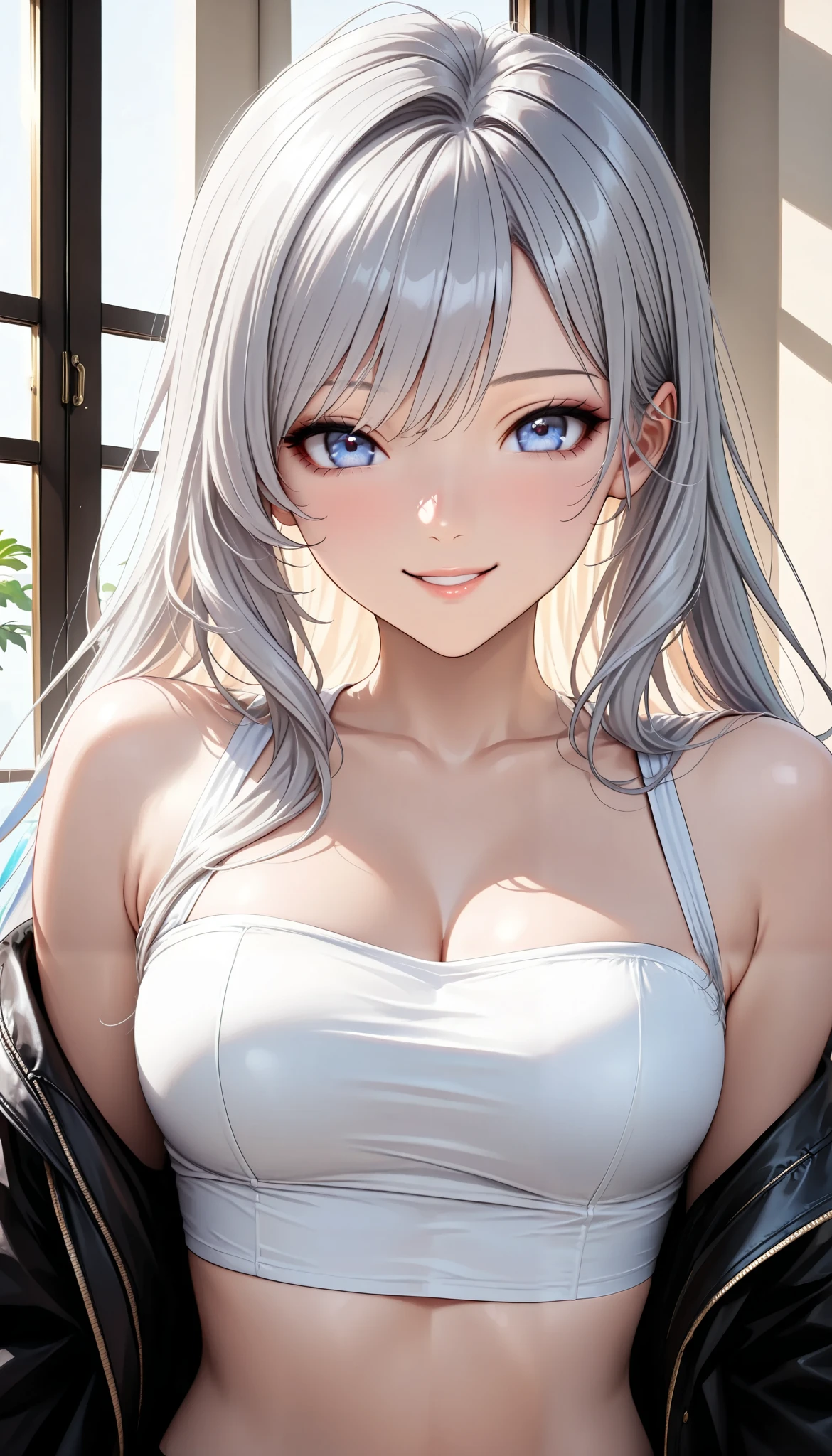 tube top,jacket,cool,sexy,woman,long silver hair,( laugh, smile), beautiful shining eyes, glossy lips ,very detailed目と顔,Long Lashes,sexyポーズ,random pose, cowboy shot:1.4,,high quality,Pro Effects,4K resolution,Large scale,Super Detail,Photo,HDR,studio lighting,Extreme detail,Vibrant Colors,Bokeh,Portrait,photoshoot,anime style,photorealistic looking happy,(最high quality:1.2,very detailed,CG illustration,masterpiece:1.2,Aesthetics at its best),