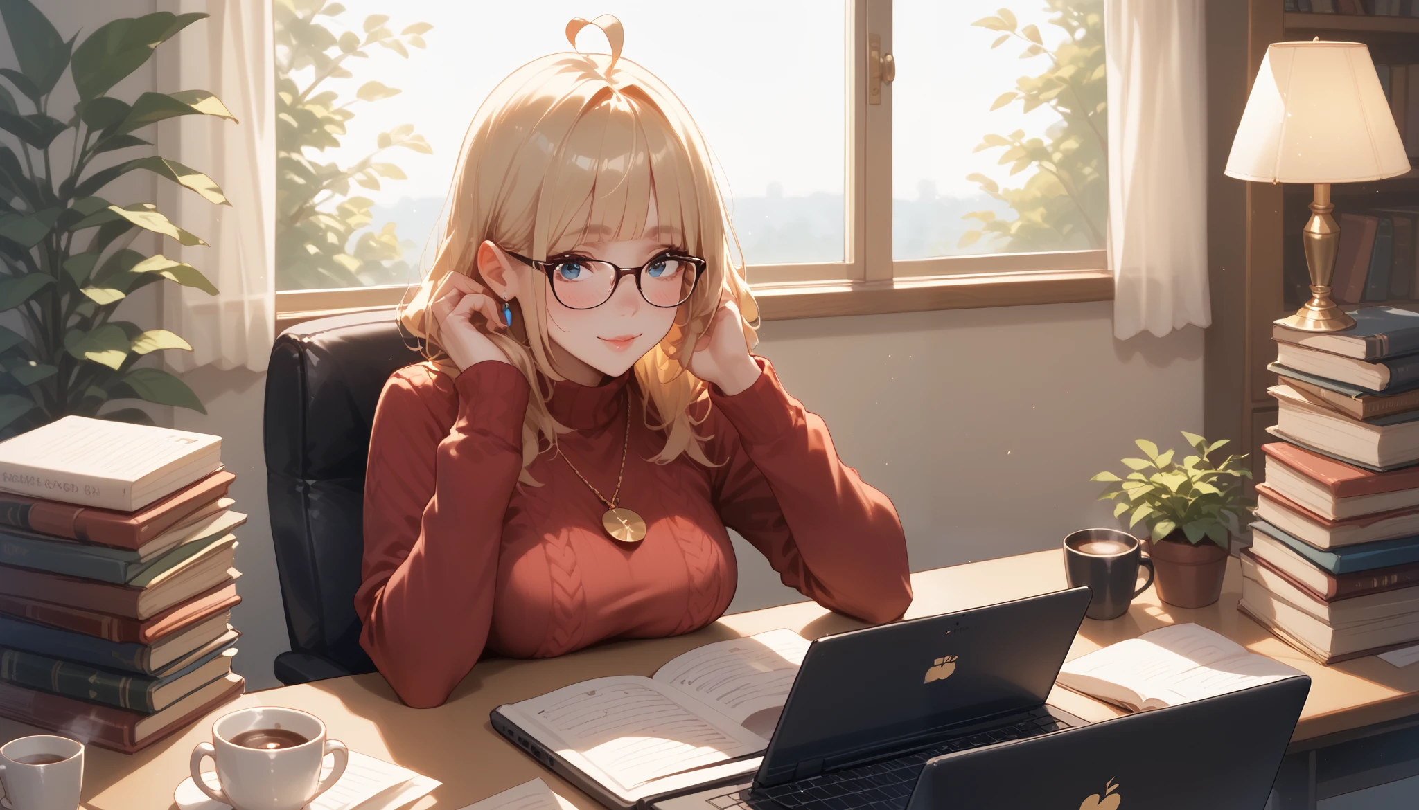 "A beautiful face and nice body, a woman sitting at a cluttered desk, deeply engaged in her work on a laptop." She is wearing glasses and a casual sweater, surrounded by books, notes, and a steaming cup of coffee. The warm desk lamp adds a cozy touch to the workspace.