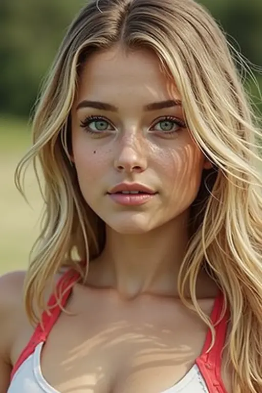23 year old girl, blonde with green eyes, athletic body, doing sports that show the whole body